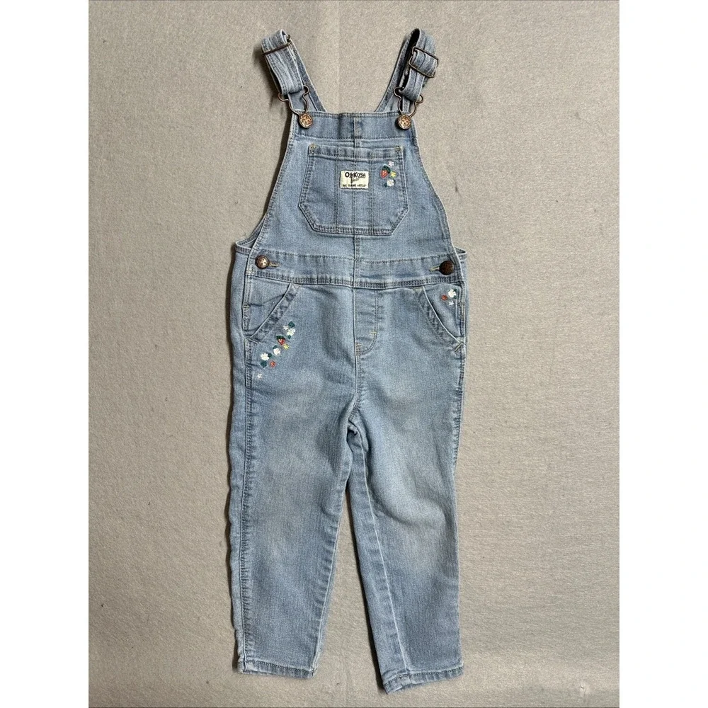 OshKosh B'gosh Overall Girls 3T Blue Denim Embroidered Strawberry Floral Fruit